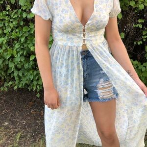 Light Blue & Yellow Floral Maxi Dress - Feminine V-Neck